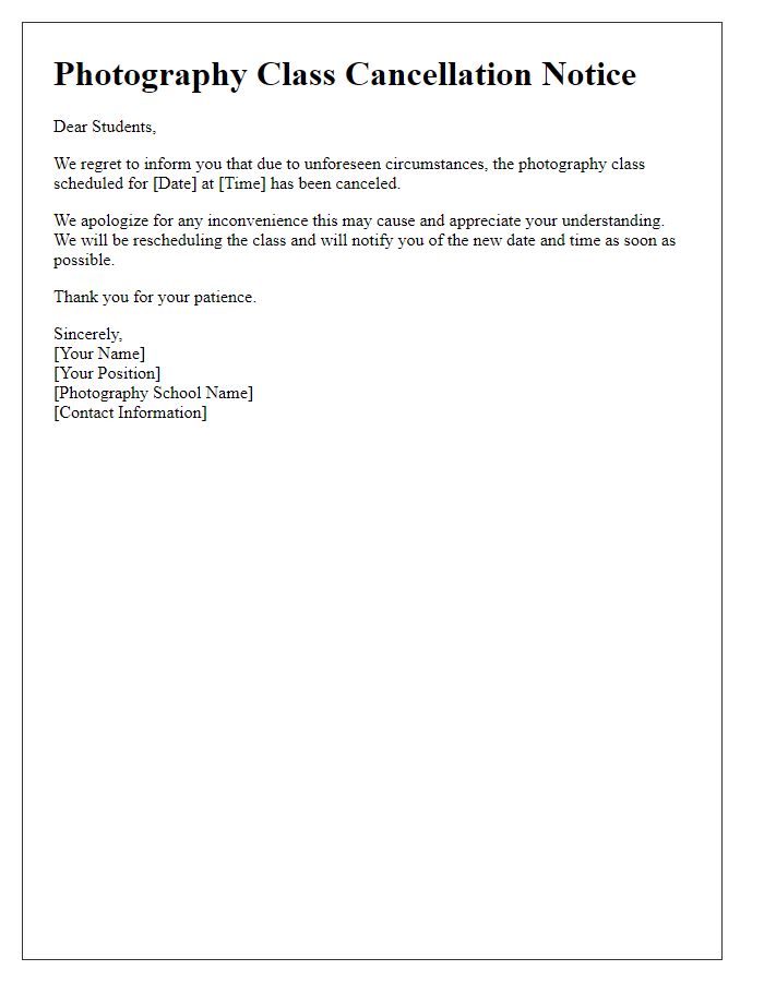 Letter template of photography class cancellation due to unforeseen circumstances.