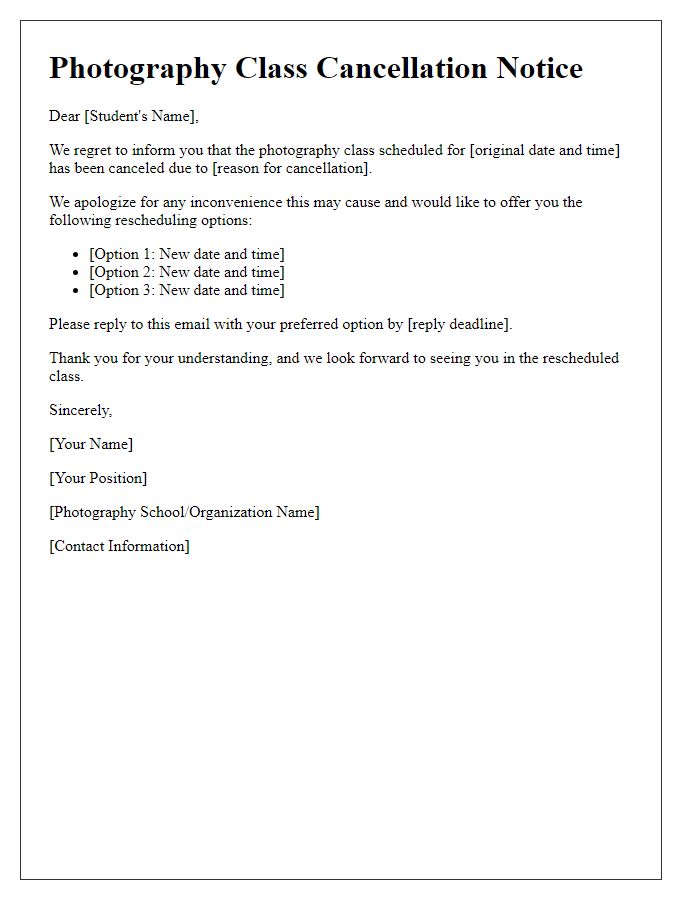 Letter template of photography class cancellation with rescheduling options.