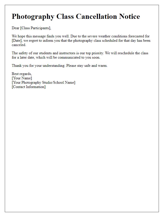 Letter template of photography class cancellation for weather-related issues.