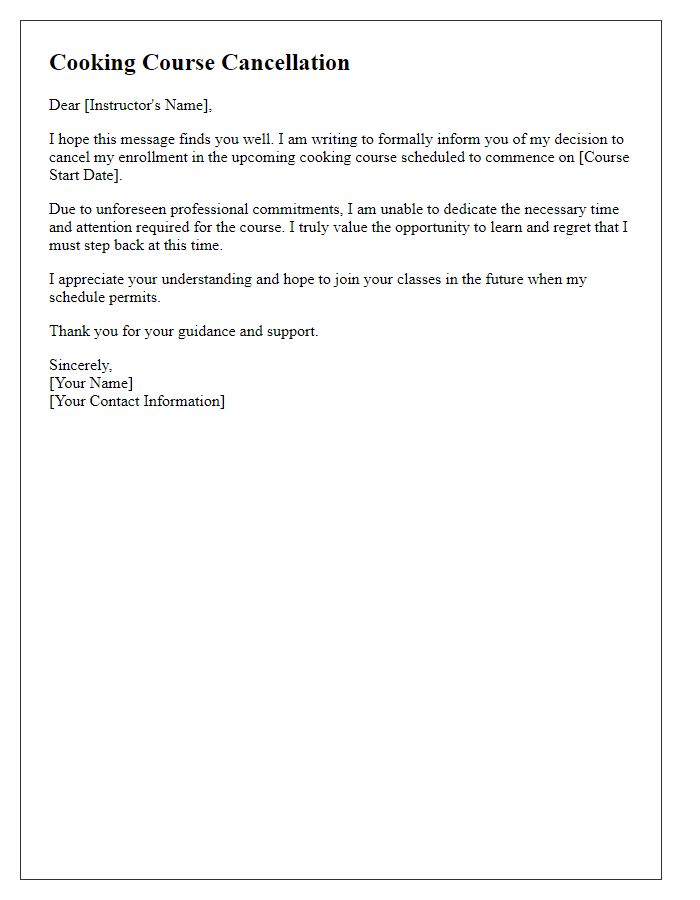 Letter template of cooking course cancellation for professional commitments.