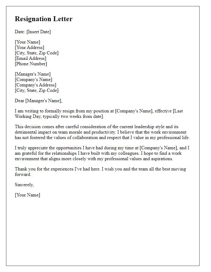 Letter template of resignation in response to a detrimental leadership style.