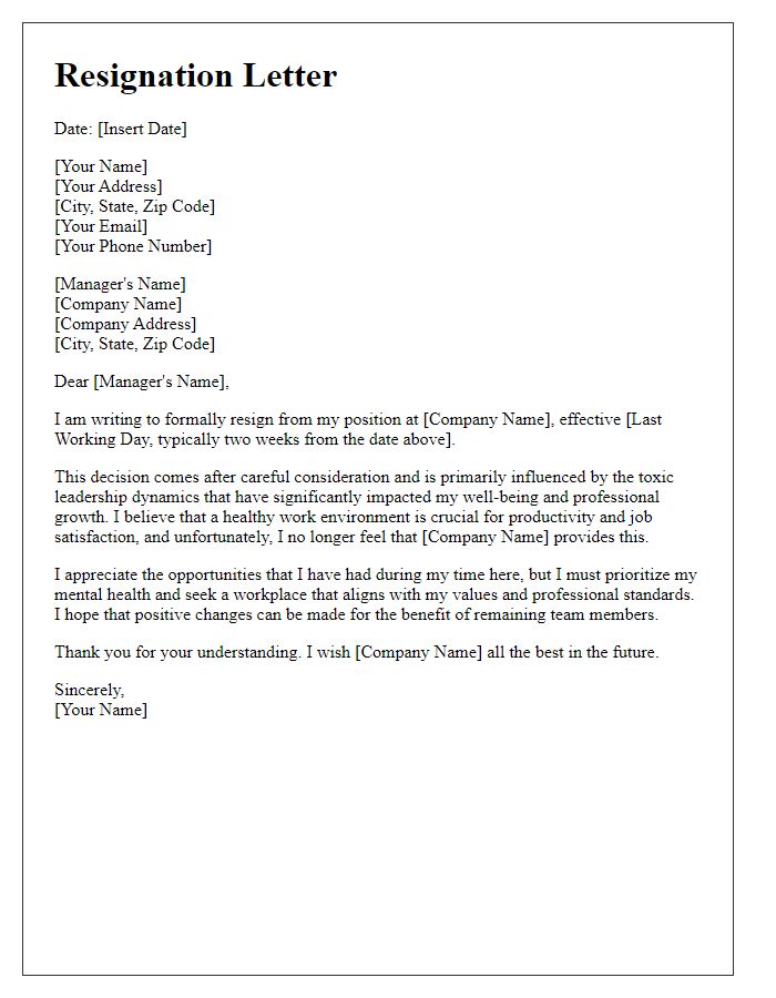 Letter template of resignation resulting from toxic leadership dynamics.