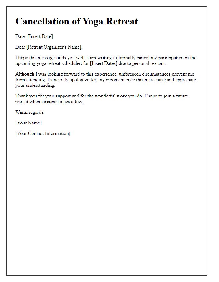 Letter template of yoga retreat cancellation for personal reasons