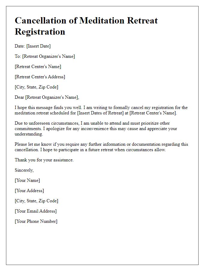 Letter template of cancellation for meditation retreat registration