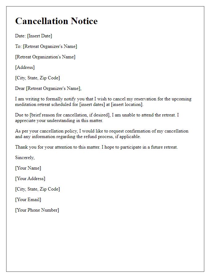 Letter template of cancellation notice for meditation retreat