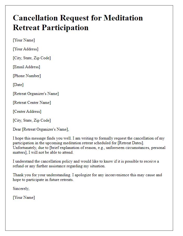 Letter template of cancellation request for meditation retreat participation