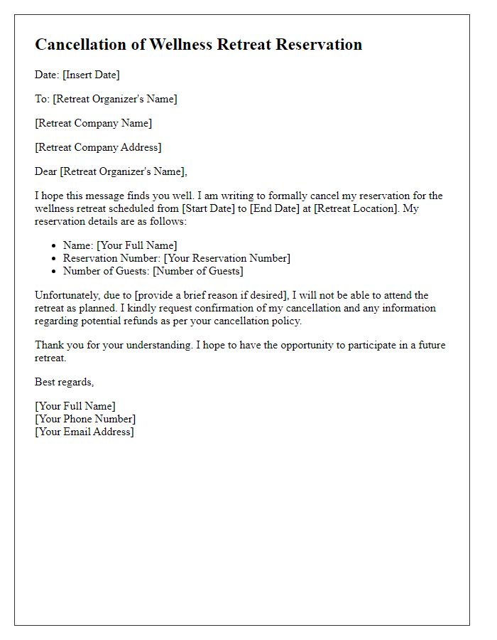 Letter template of cancellation of wellness retreat reservation