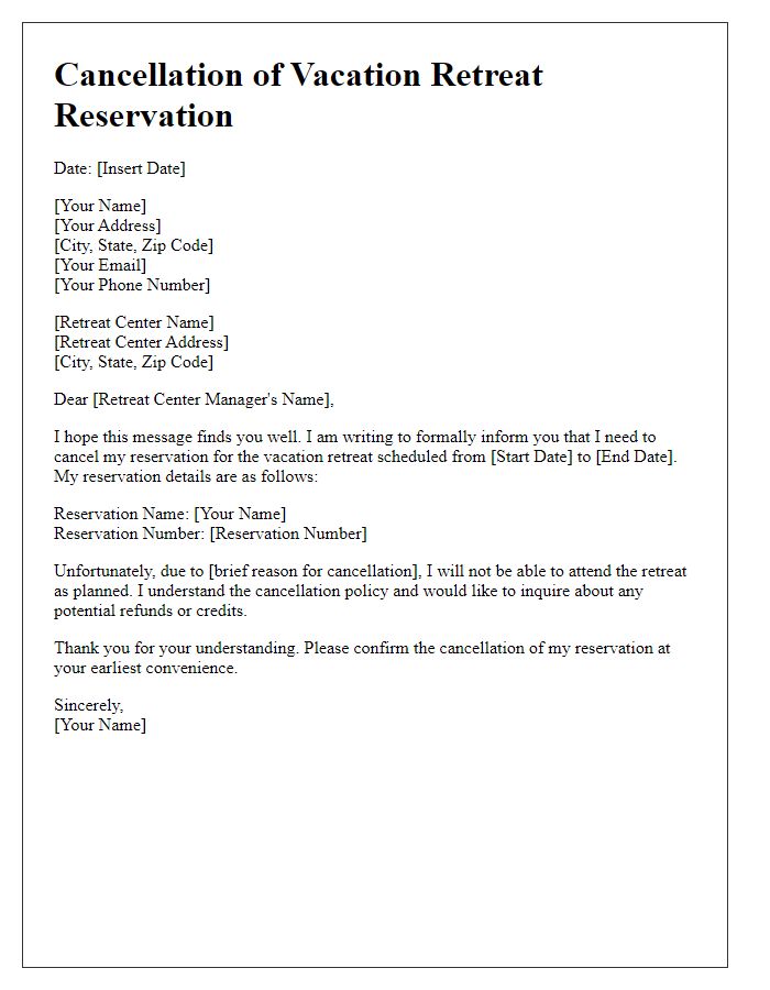 Letter template of vacation retreat cancellation