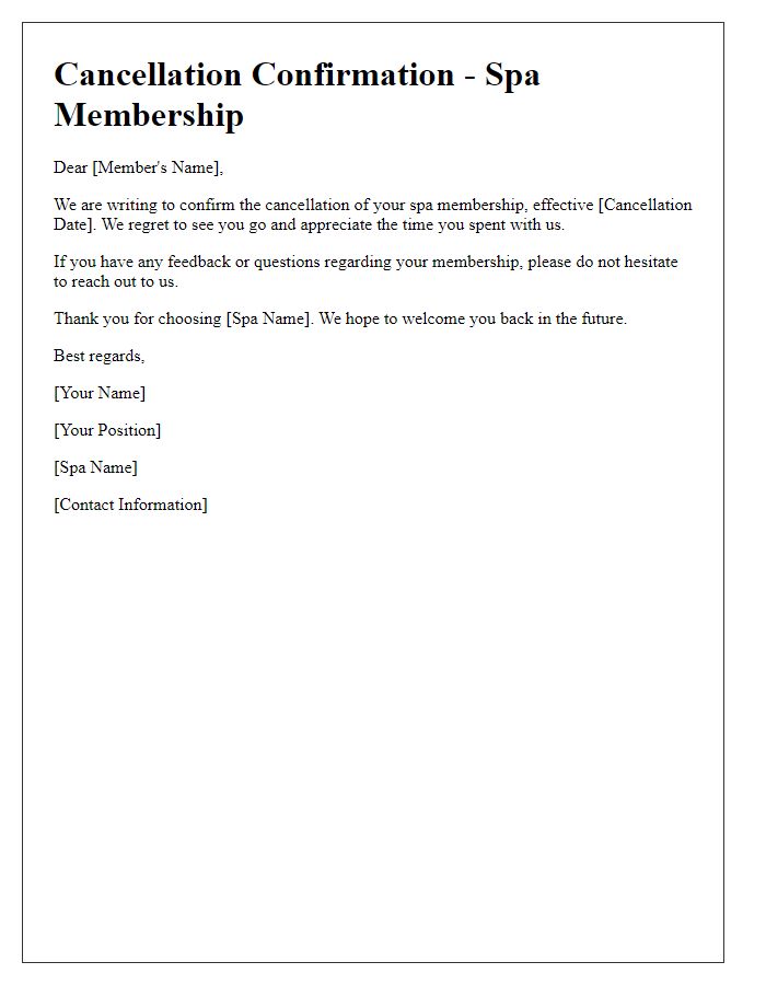 Letter template of cancellation confirmation for spa membership