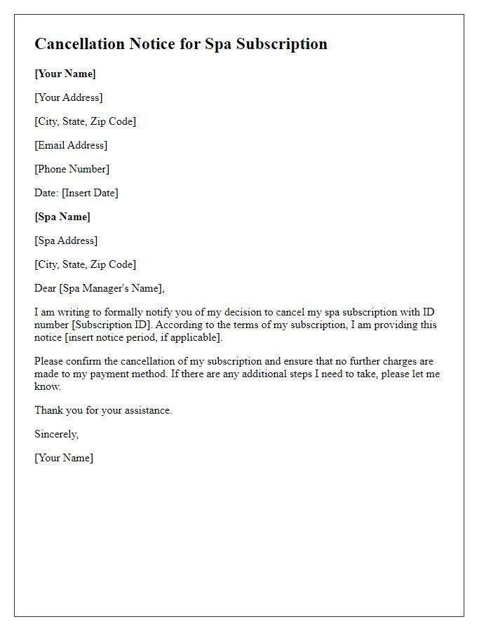 Letter template of cancellation notice for spa subscription