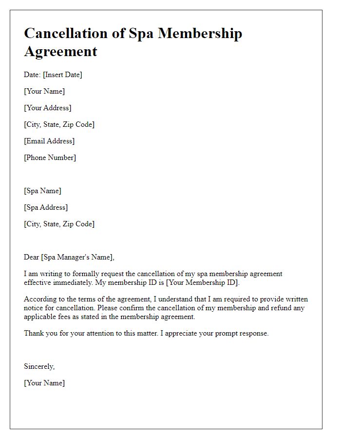 Letter template of cancellation of spa membership agreement