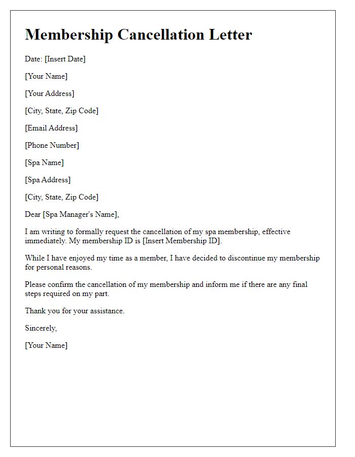 Letter template of membership cancellation for spa services