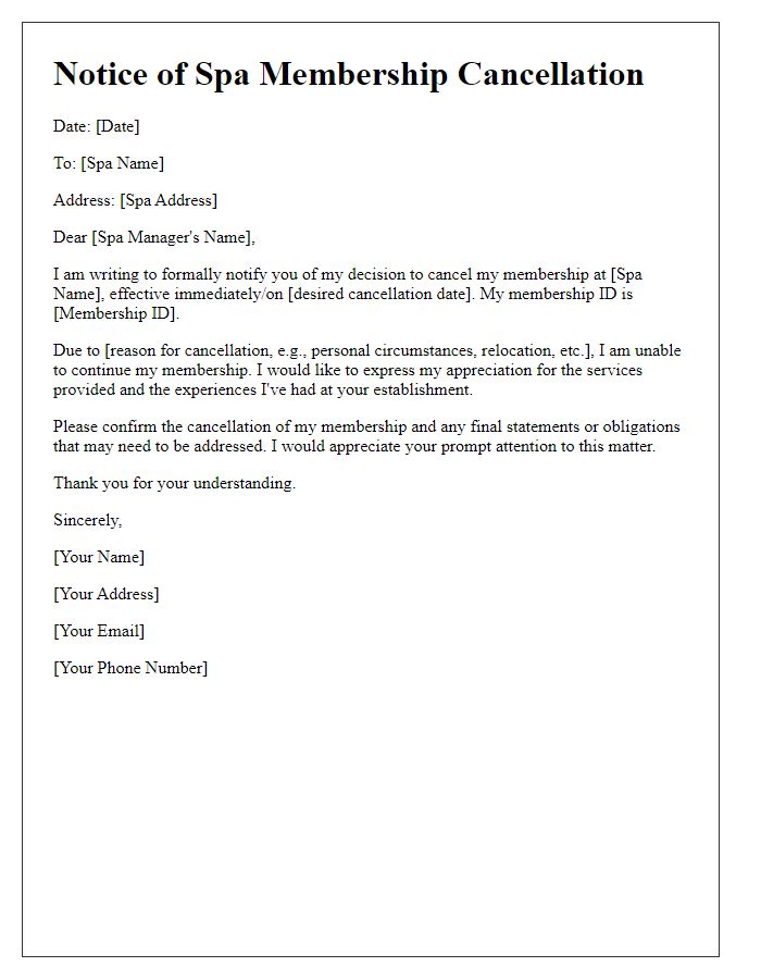 Letter template of notice for spa membership cancellation