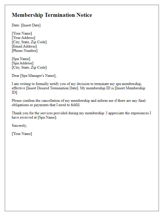 Letter template of spa membership termination notice