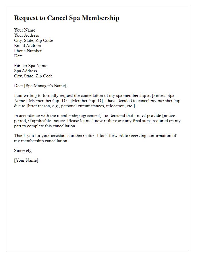 Letter template of written request to cancel spa membership