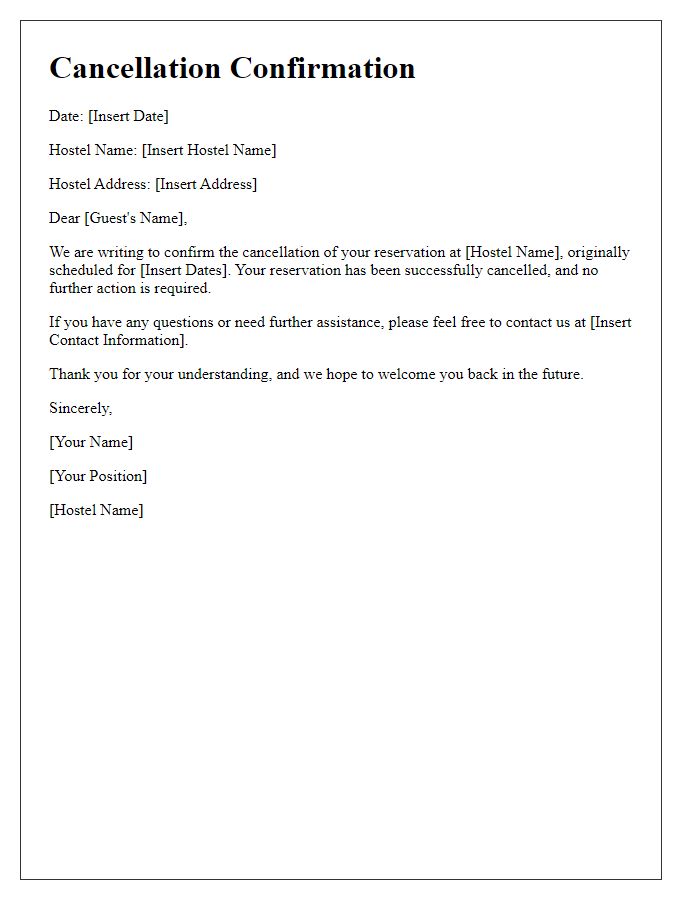 Letter template of cancellation confirmation for hostel