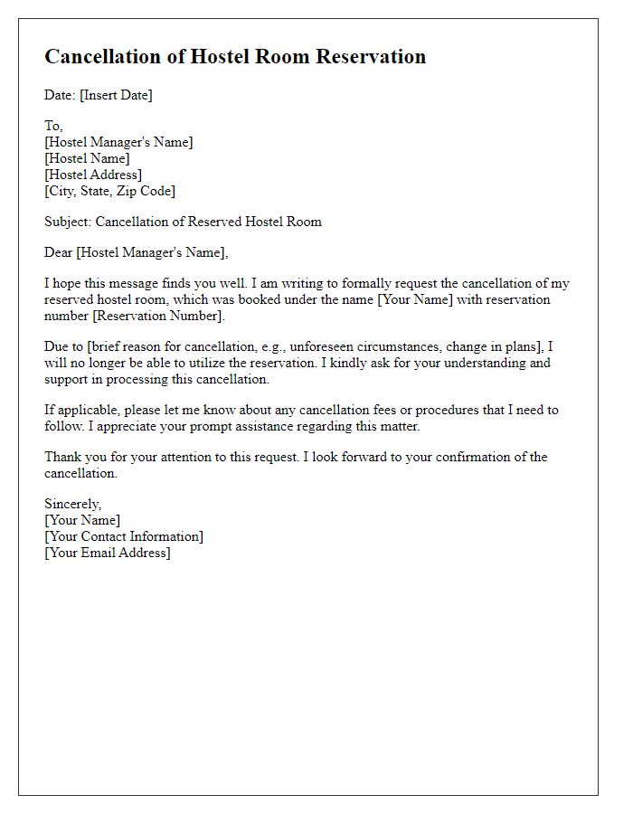 Letter template of cancellation of reserved hostel room