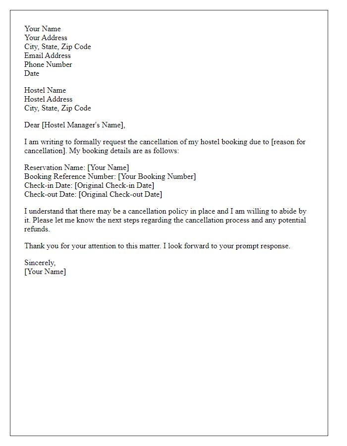 Letter template of formal hostel booking cancellation