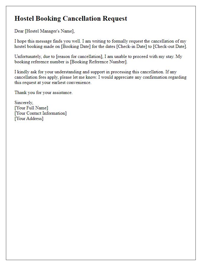 Letter template of hostel booking cancellation request