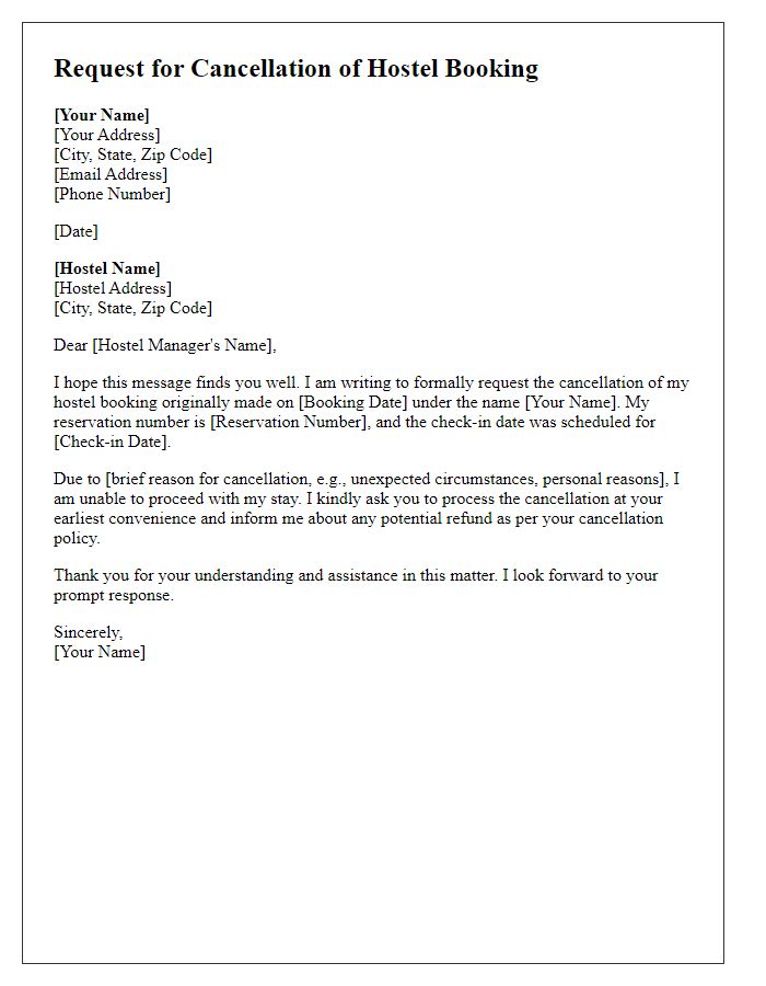 Letter template of request to cancel hostel booking