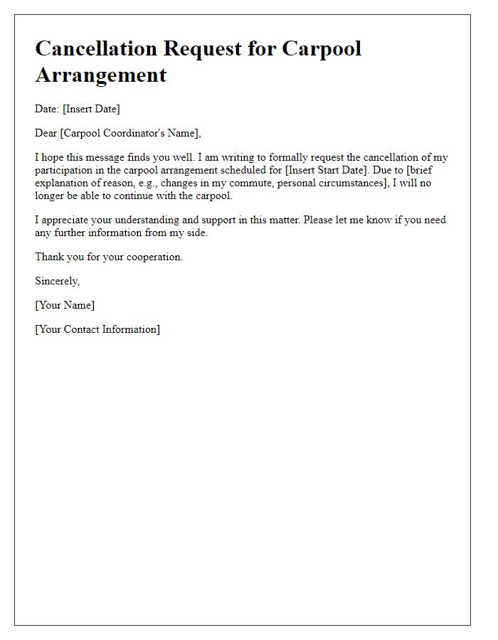 Letter template of cancellation request for carpool arrangement