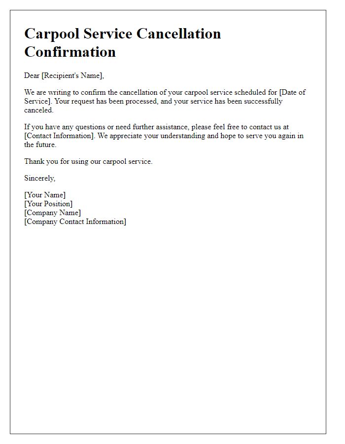 Letter template of carpool service cancellation confirmation