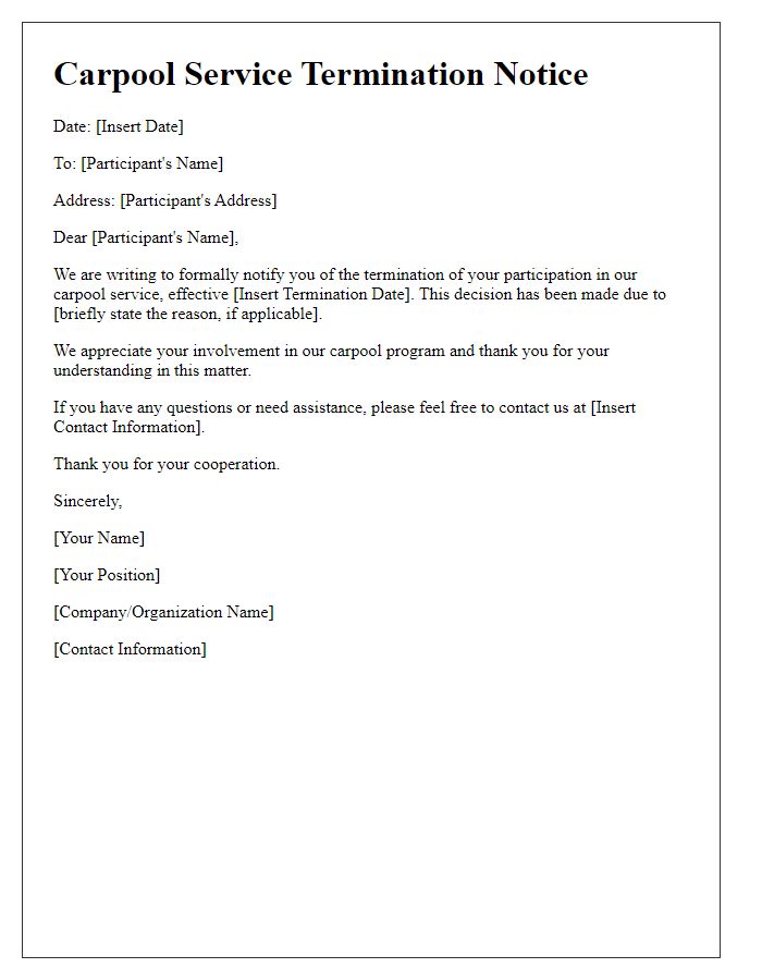 Letter template of carpool service termination notice