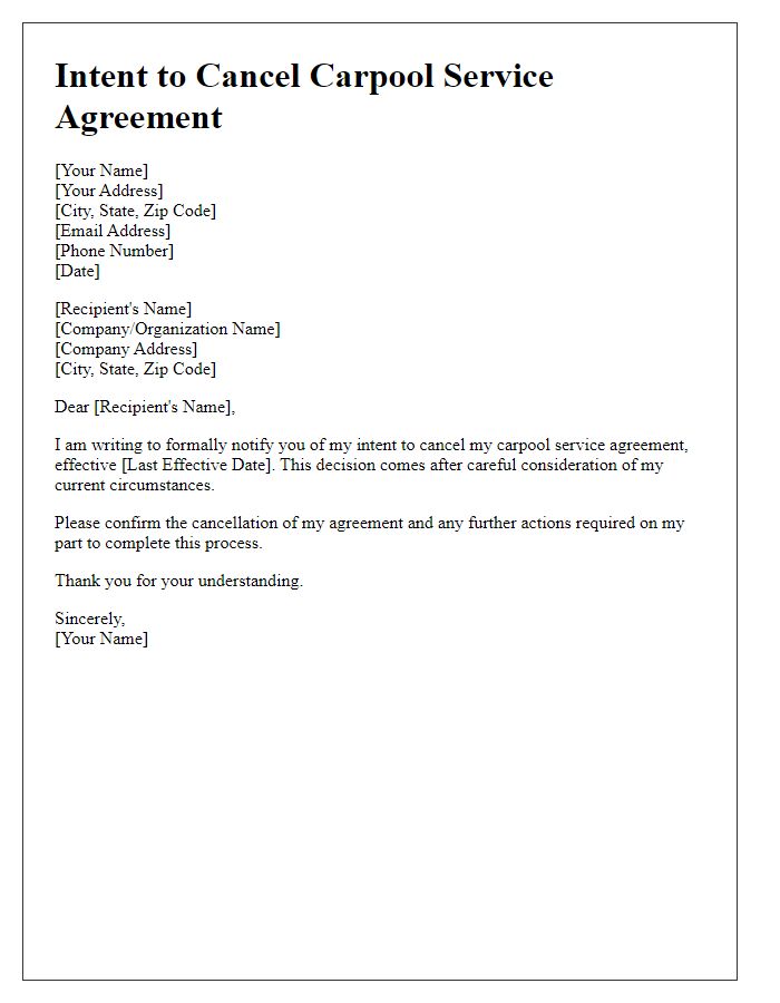 Letter template of intent to cancel carpool service agreement