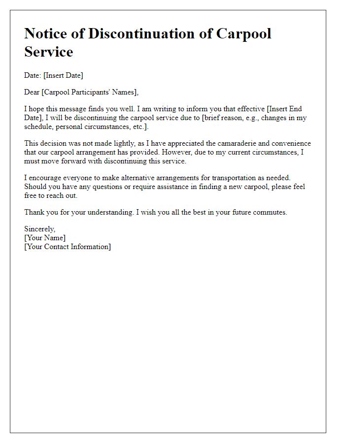 Letter template of notice to discontinue carpool service