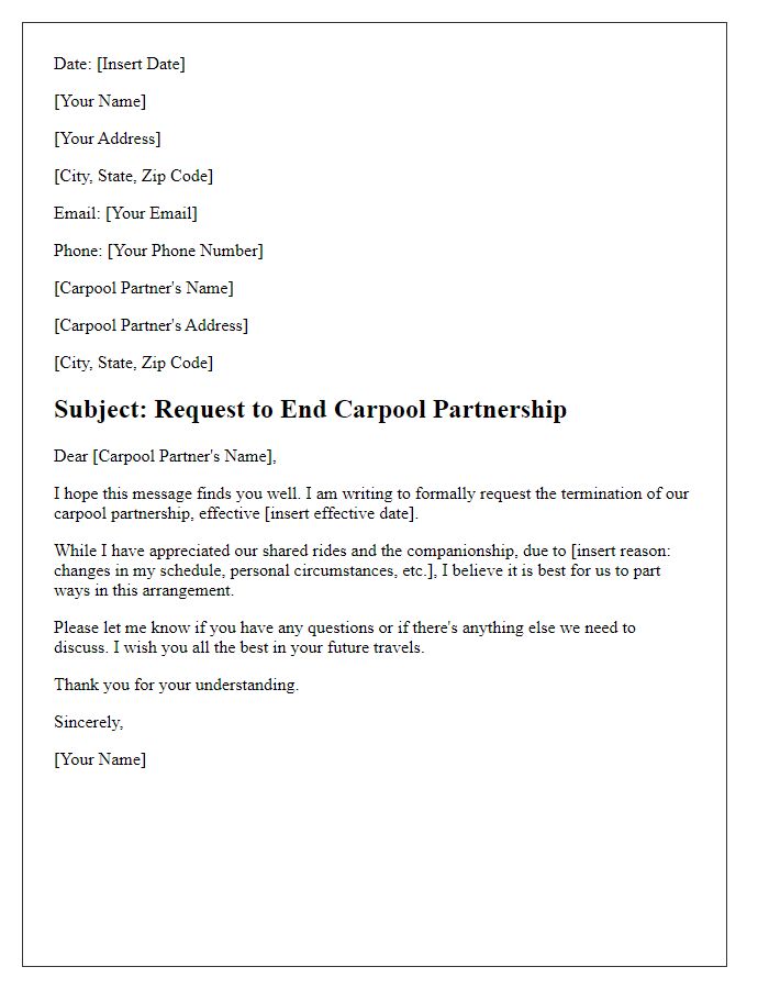 Letter template of request to end carpool partnership