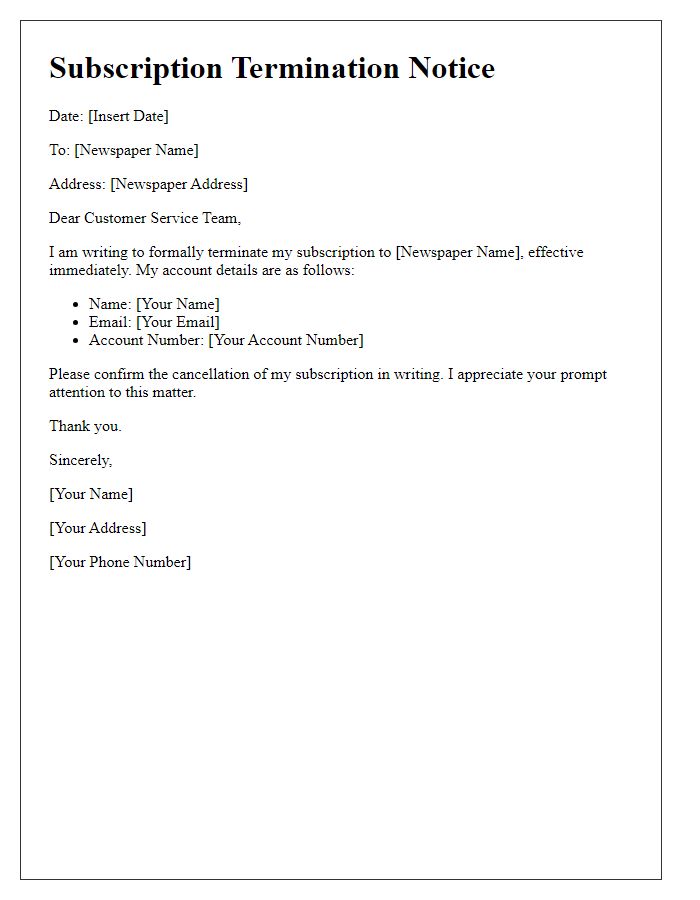 Letter template of digital newspaper subscription termination