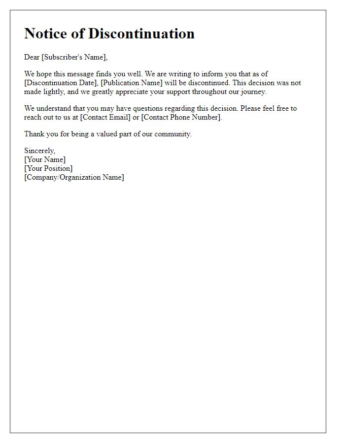 Letter template of digital publication discontinuation notice