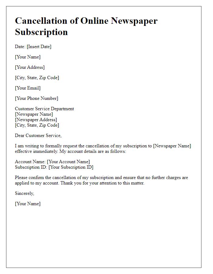 Letter template of online newspaper service cancellation