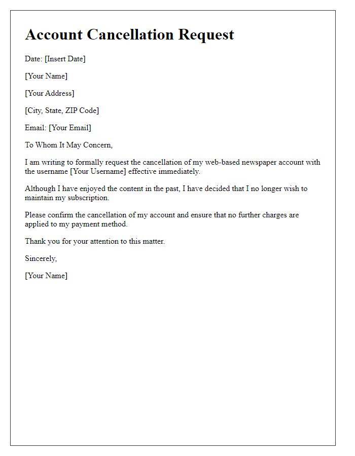 Letter template of web-based newspaper account cancellation