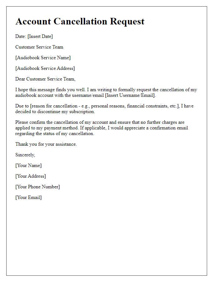 Letter template of audiobook account cancellation