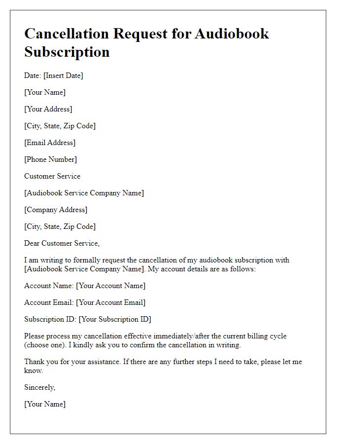 Letter template of audiobook subscription cancellation request