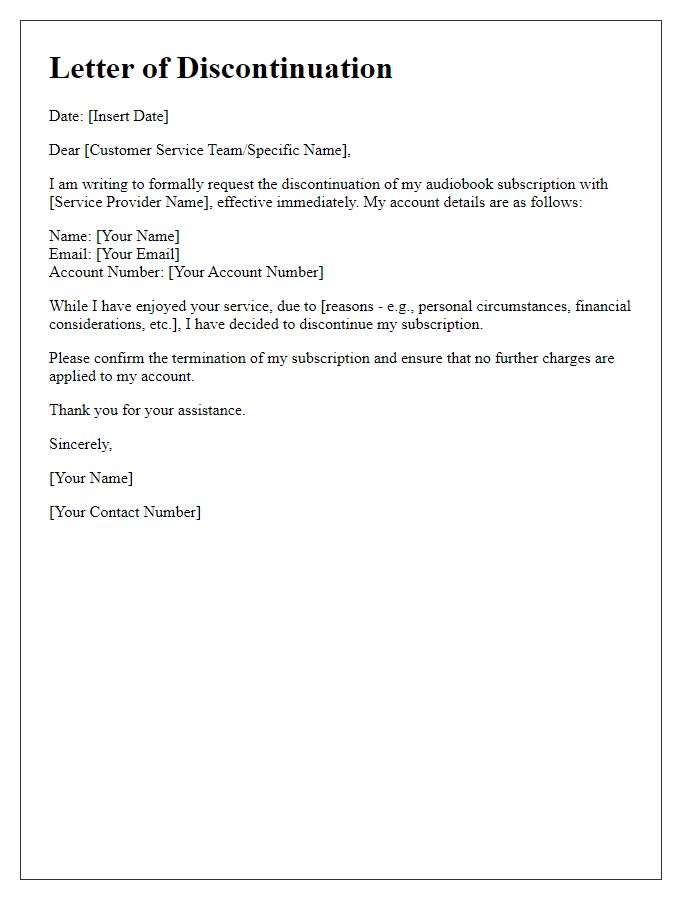 Letter template of discontinuing audiobook subscription