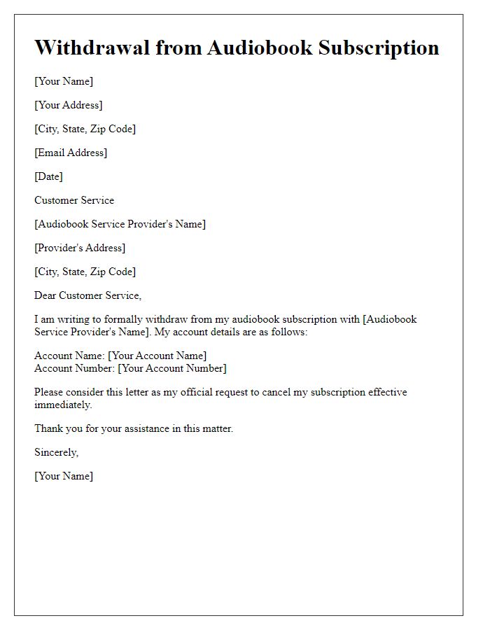 Letter template of withdrawing from audiobook subscription