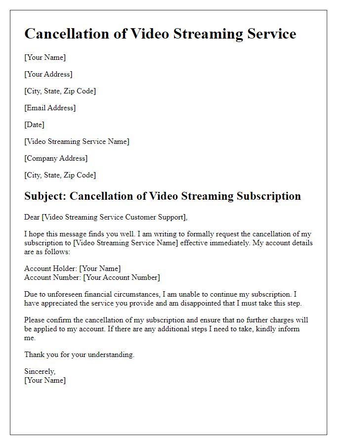 Letter template of video streaming service cancellation for financial reasons