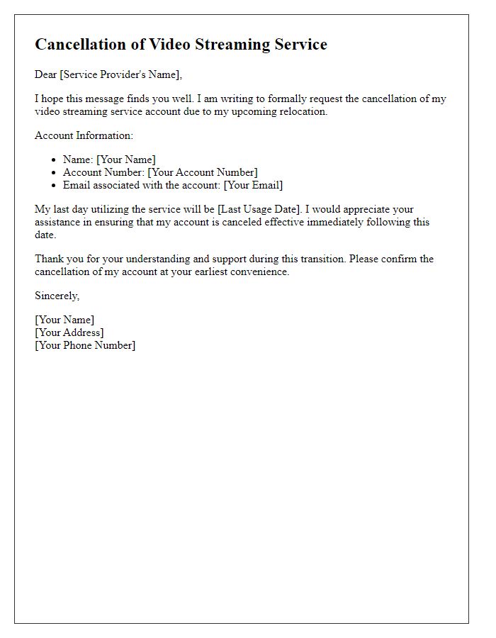 Letter template of video streaming service cancellation for relocation