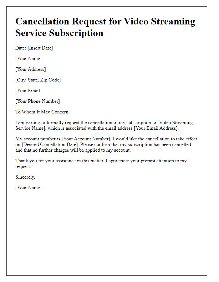 Letter template of video streaming service cancellation request for individual subscriptions