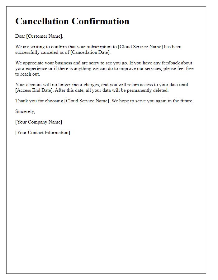 Letter template of cloud service cancellation confirmation.