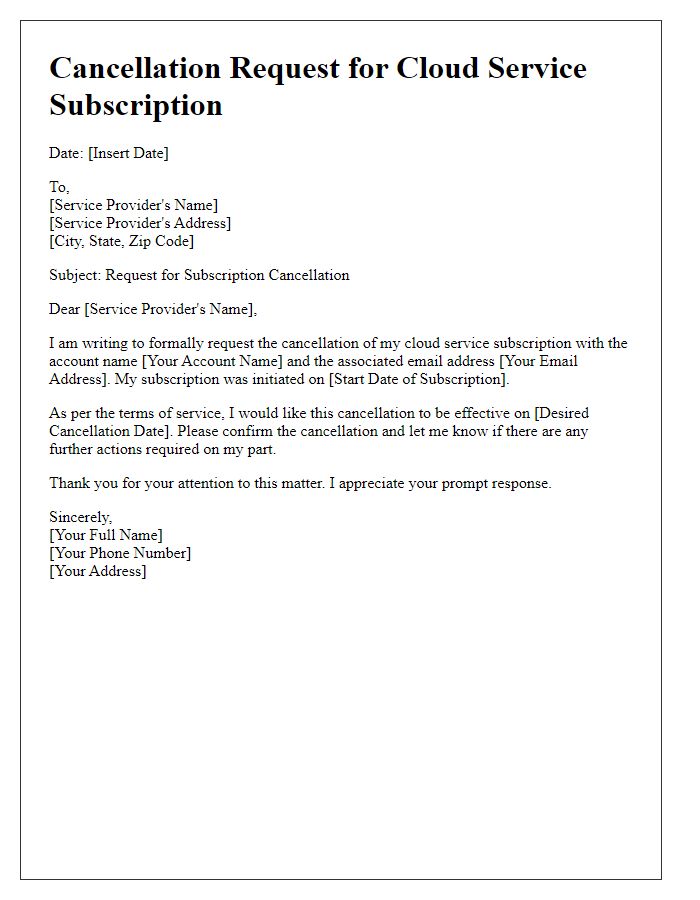 Letter template of cloud service subscription cancellation request.