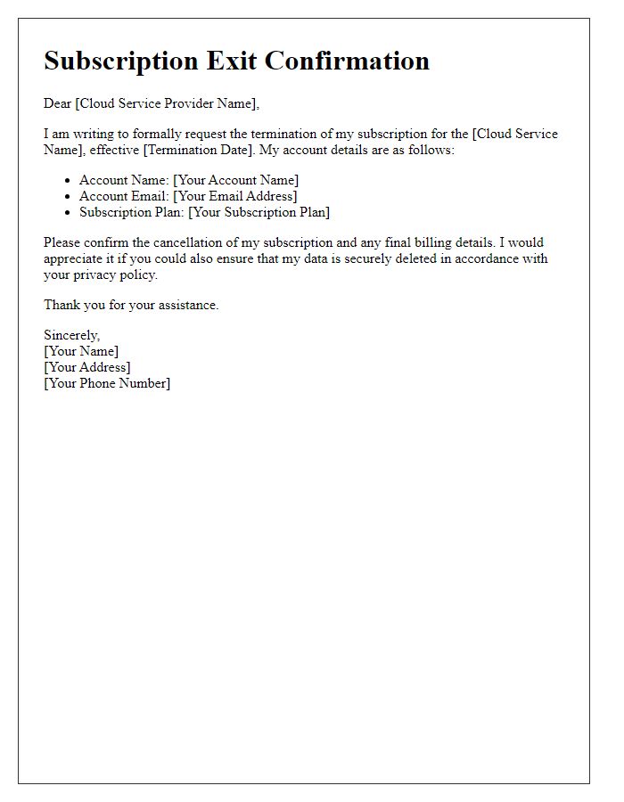 Letter template of cloud service subscription exit.