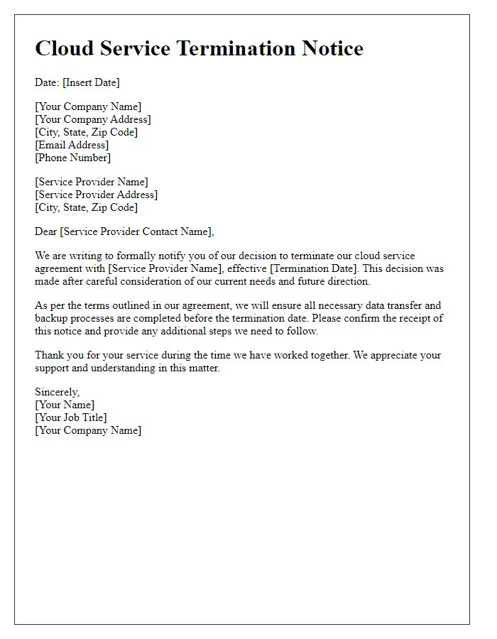 Letter template of cloud service termination notice.