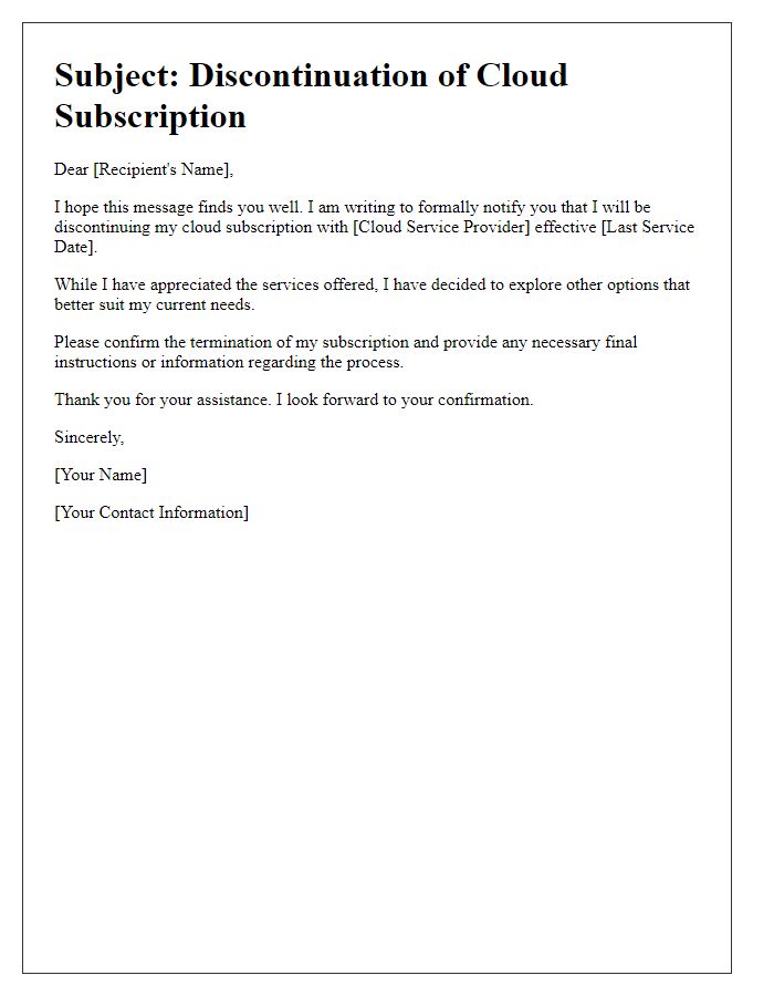 Letter template of cloud subscription discontinuation.