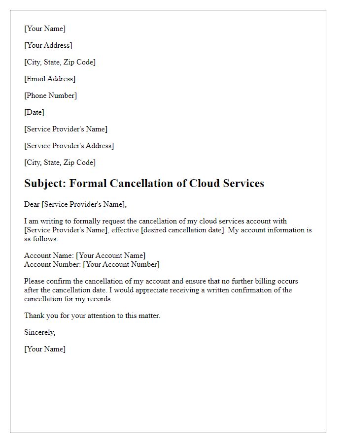 Letter template of formal cancellation of cloud services.