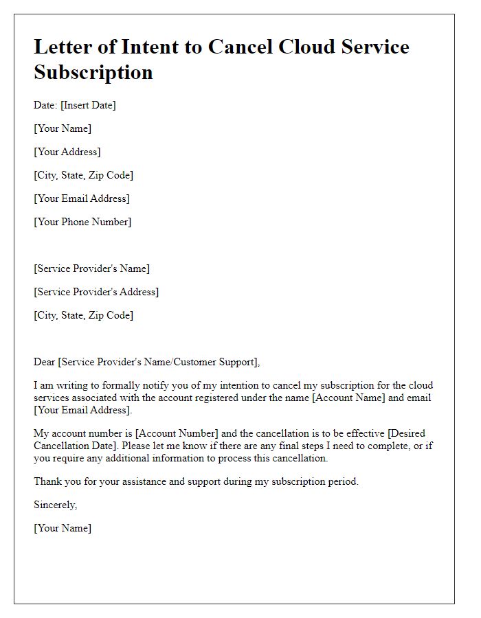 Letter template of intent to cancel cloud service subscription.