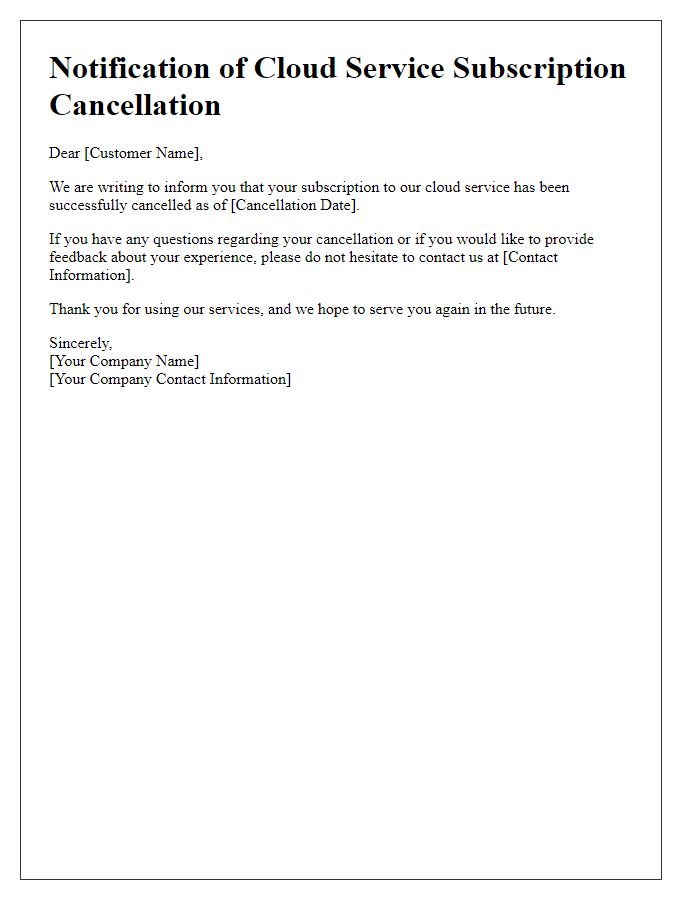 Letter template of notification for cloud service subscription cancellation.