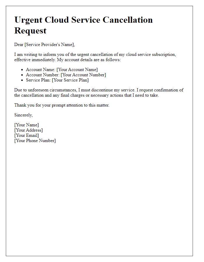 Letter template of urgent cloud service cancellation.